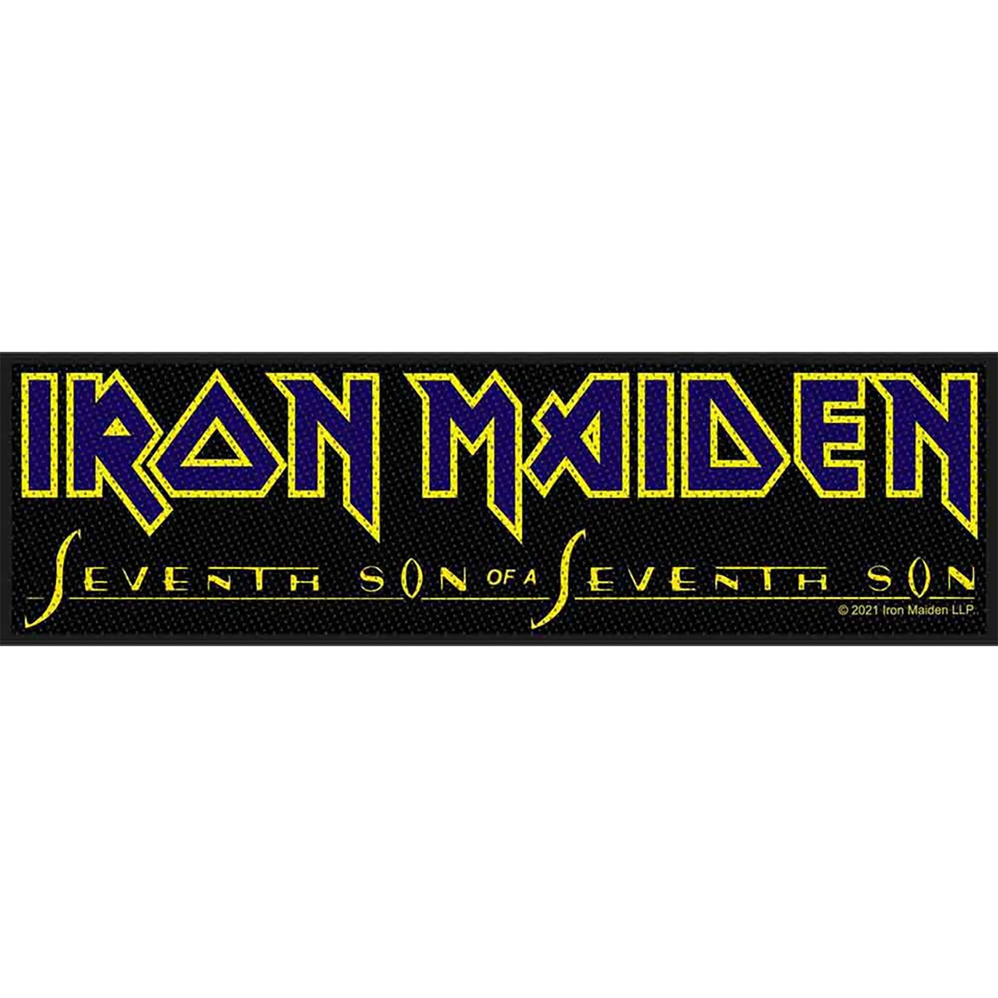 Patch à coudre Iron Maiden Seventh Son of a Seventh Son officiel brodé 18,5 × 5 cm avec logo du groupe et titre de l'album | Official Iron Maiden Seventh Son of a Seventh Son embroidered sew-on patch 18.5 × 5 cm featuring the band logo and album title