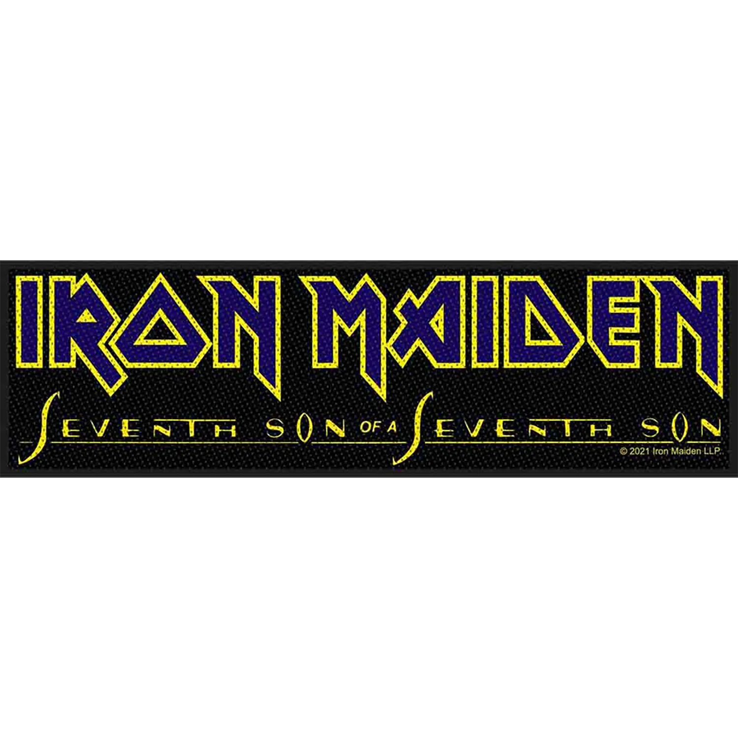 Patch à coudre Iron Maiden Seventh Son of a Seventh Son officiel brodé 18,5 × 5 cm avec logo du groupe et titre de l'album | Official Iron Maiden Seventh Son of a Seventh Son embroidered sew-on patch 18.5 × 5 cm featuring the band logo and album title