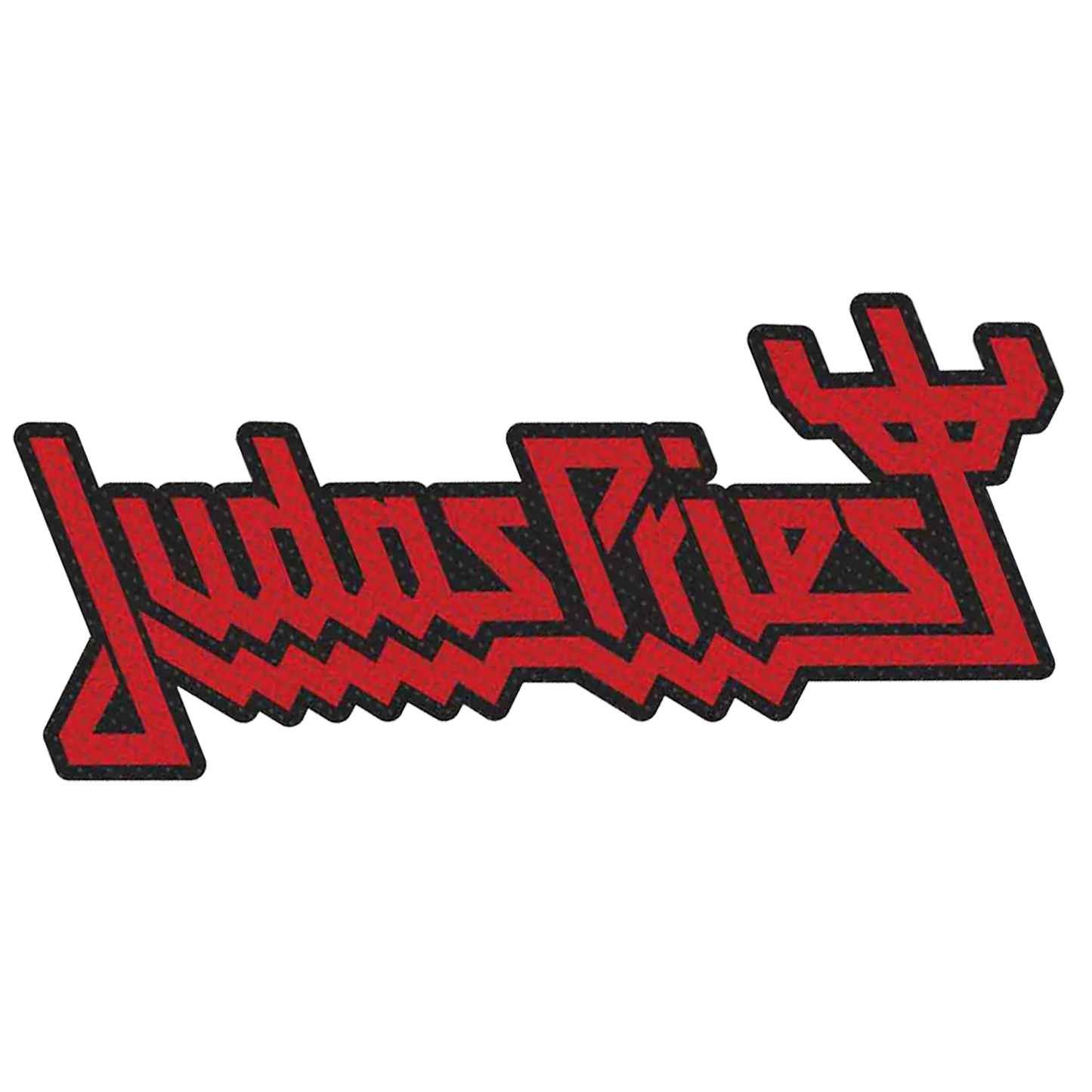 Patch logo officiel Judas Priest tissé à coudre 10 × 5 cm rouge sur fond noir | Official Judas Priest red woven logo sew-on patch 10 × 5 cm on black background