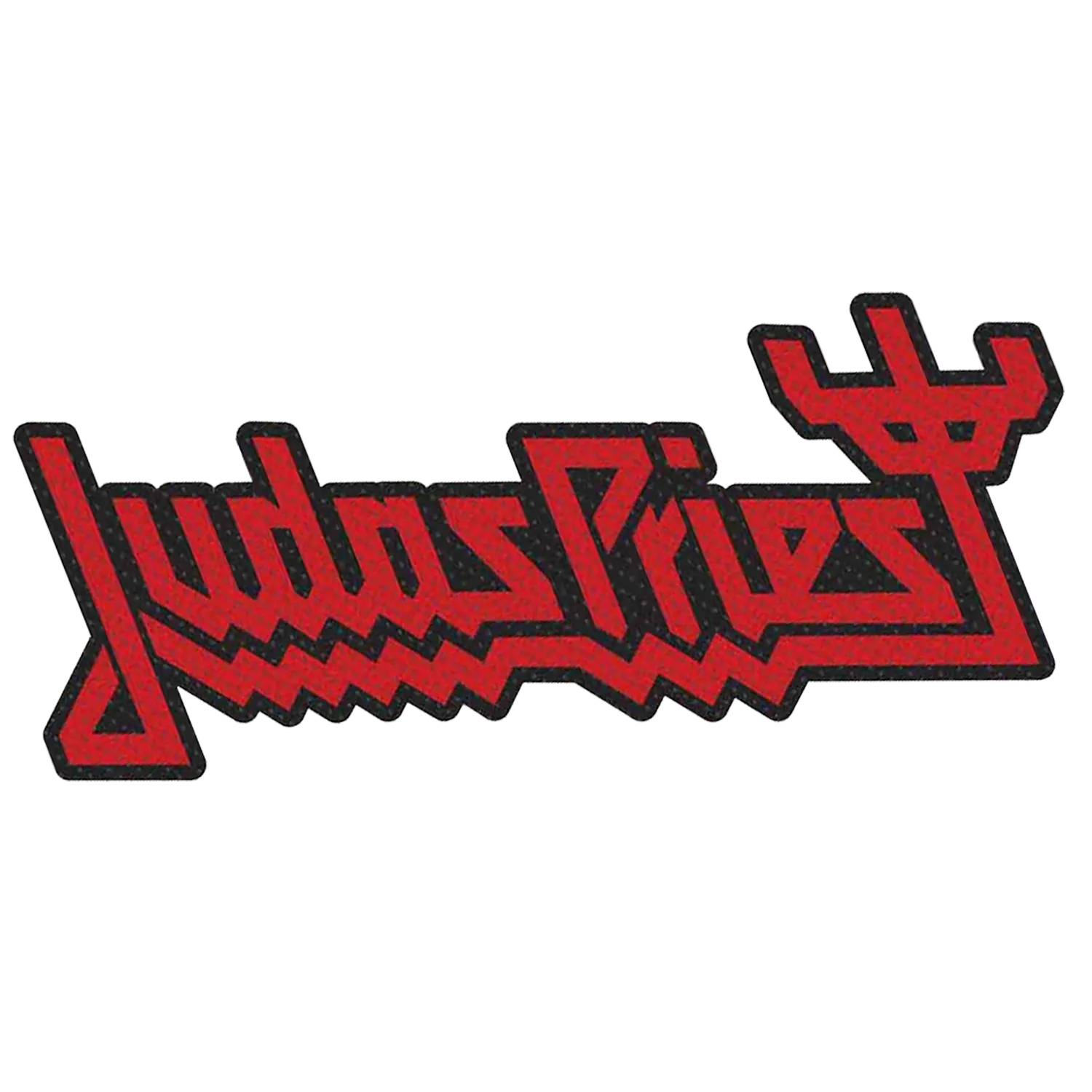 Patch logo officiel Judas Priest tissé à coudre 10 × 5 cm rouge sur fond noir | Official Judas Priest red woven logo sew-on patch 10 × 5 cm on black background