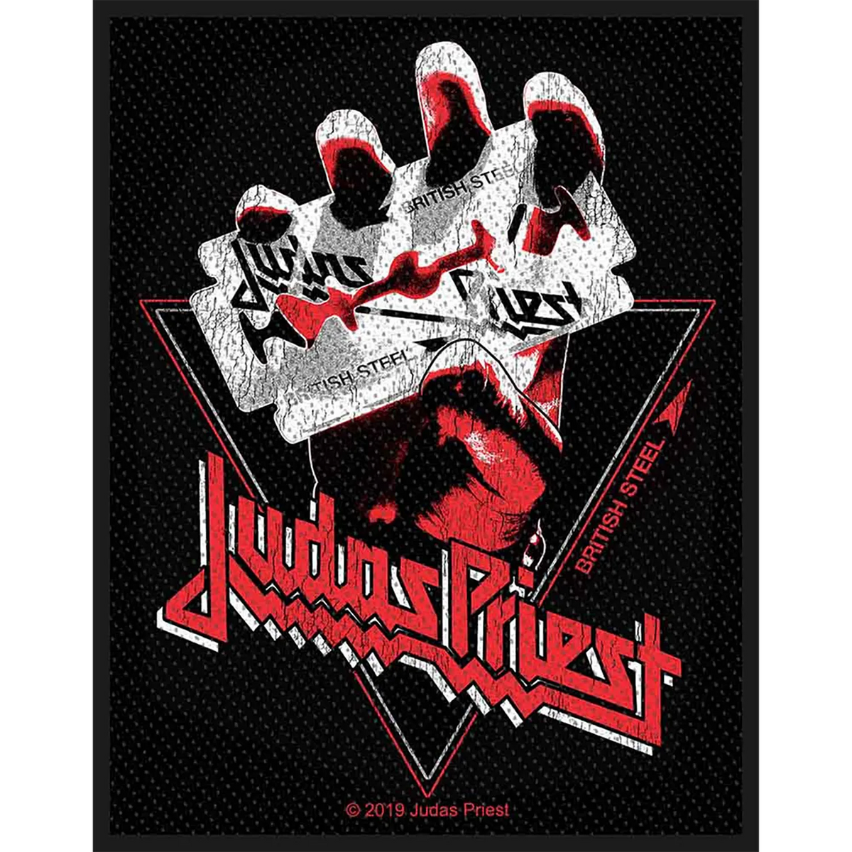 Patch à coudre officiel Judas Priest British Steel brodé 8 × 10 cm avec lame de rasoir et logo du groupe | Official Judas Priest British Steel embroidered sew-on patch 8 × 10 cm featuring the razor blade and band logo