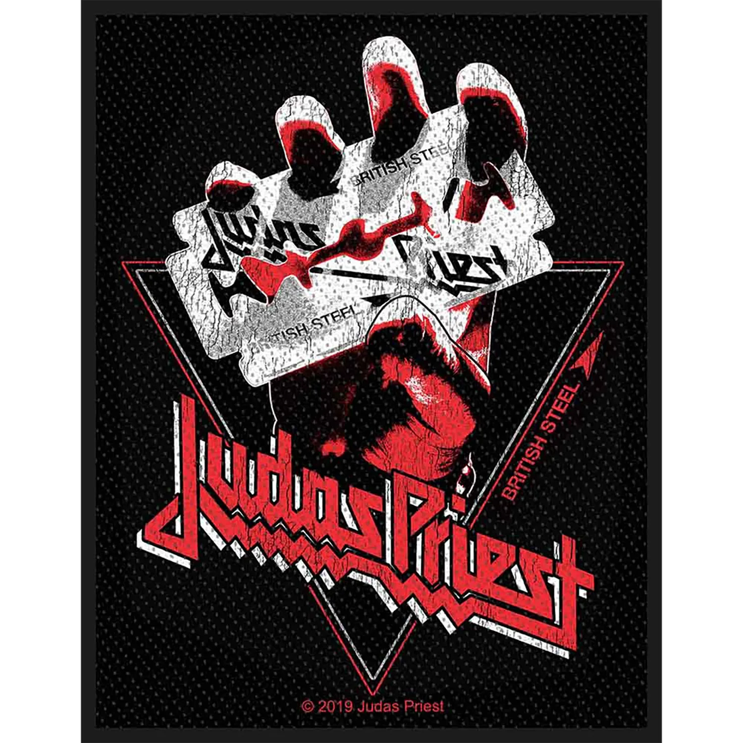 Patch à coudre officiel Judas Priest British Steel brodé 8 × 10 cm avec lame de rasoir et logo du groupe | Official Judas Priest British Steel embroidered sew-on patch 8 × 10 cm featuring the razor blade and band logo