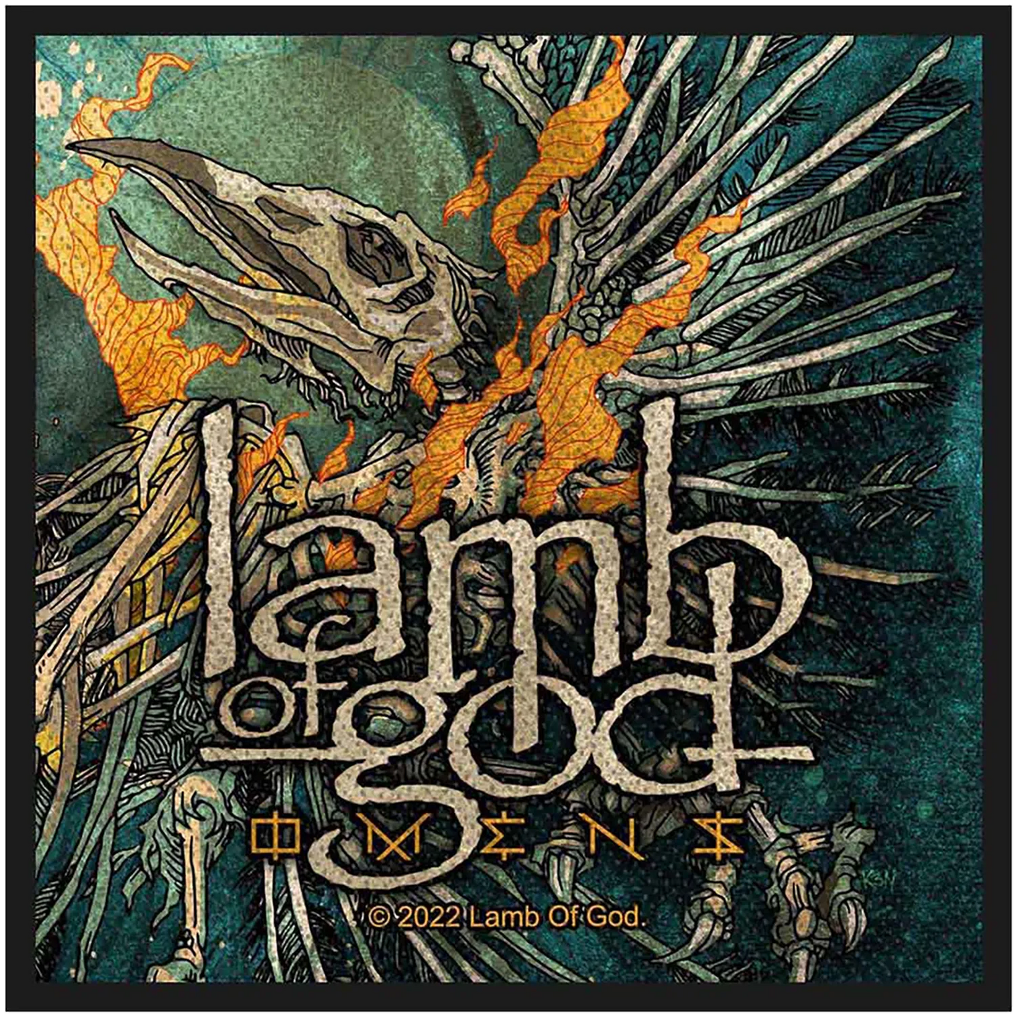 Patch à coudre officiel Lamb of God Omens brodé 10 × 10 cm avec squelette d'oiseau en flammes | Official Lamb of God Omens embroidered sew-on patch 10 × 10 cm featuring a flaming bird skeleton