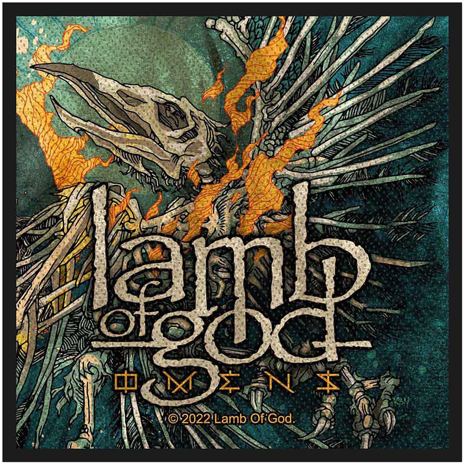 Patch à coudre officiel Lamb of God Omens brodé 10 × 10 cm avec squelette d'oiseau en flammes | Official Lamb of God Omens embroidered sew-on patch 10 × 10 cm featuring a flaming bird skeleton