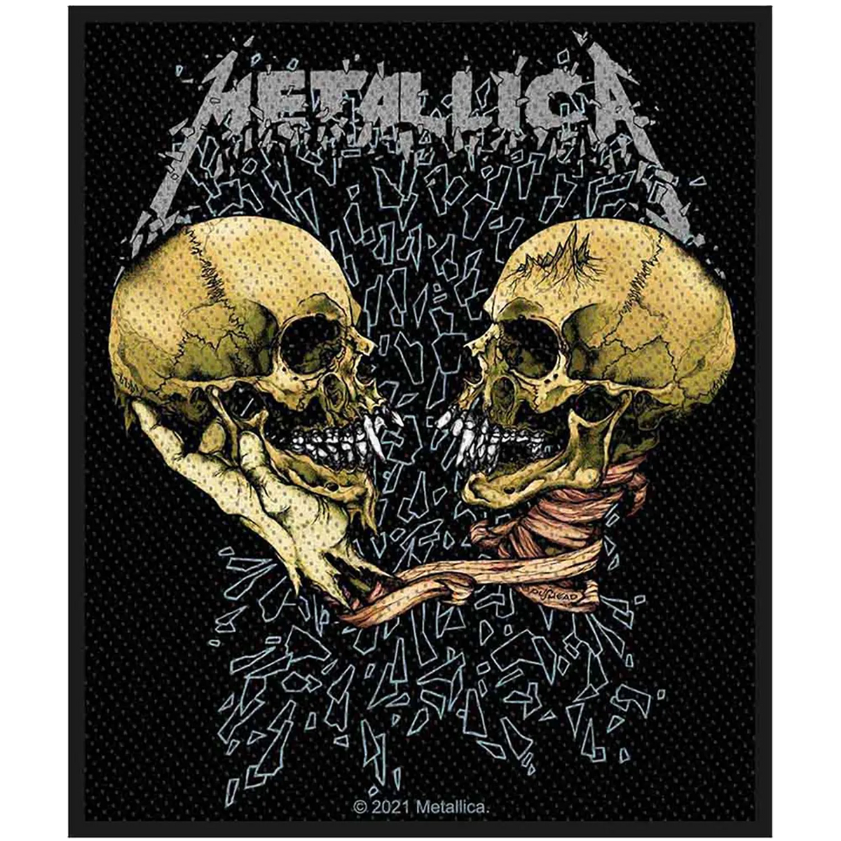 Patch brodé officiel Metallica Sad But True avec deux crânes face à face 8 × 10 cm | Official Metallica Sad But True embroidered patch featuring two confronting skulls 8 × 10 cm