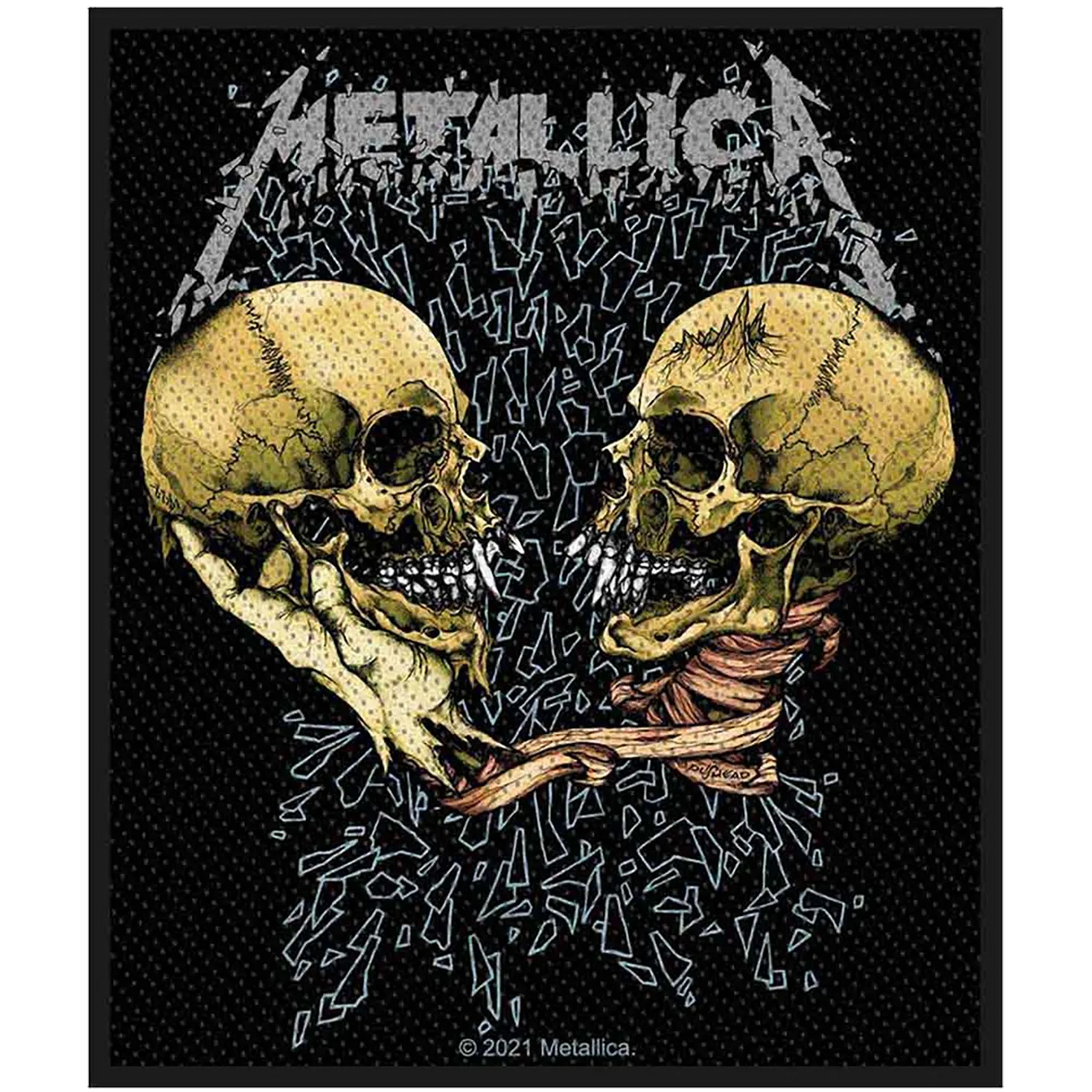 Patch brodé officiel Metallica Sad But True avec deux crânes face à face 8 × 10 cm | Official Metallica Sad But True embroidered patch featuring two confronting skulls 8 × 10 cm