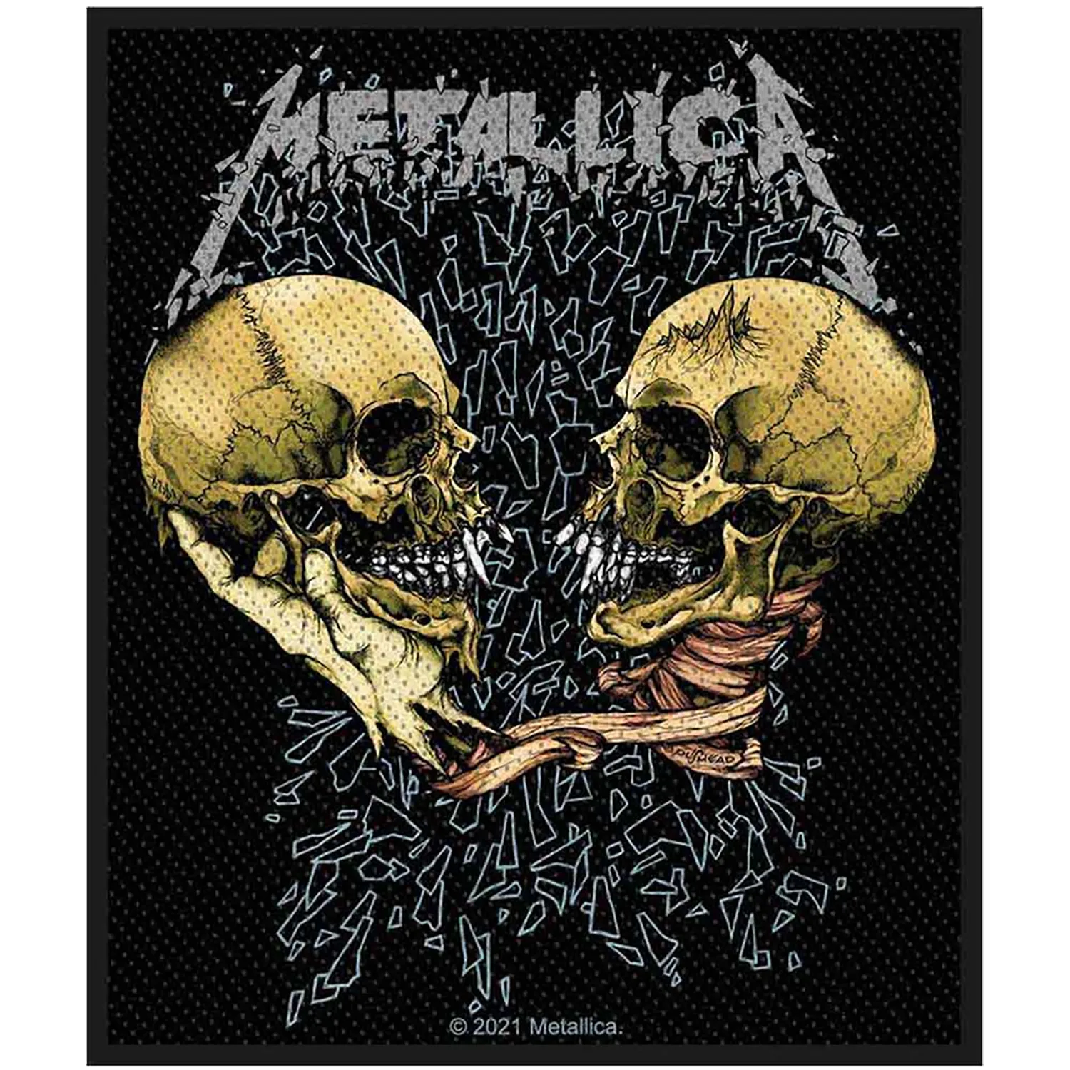 Patch brodé officiel Metallica Sad But True avec deux crânes face à face 8 × 10 cm | Official Metallica Sad But True embroidered patch featuring two confronting skulls 8 × 10 cm