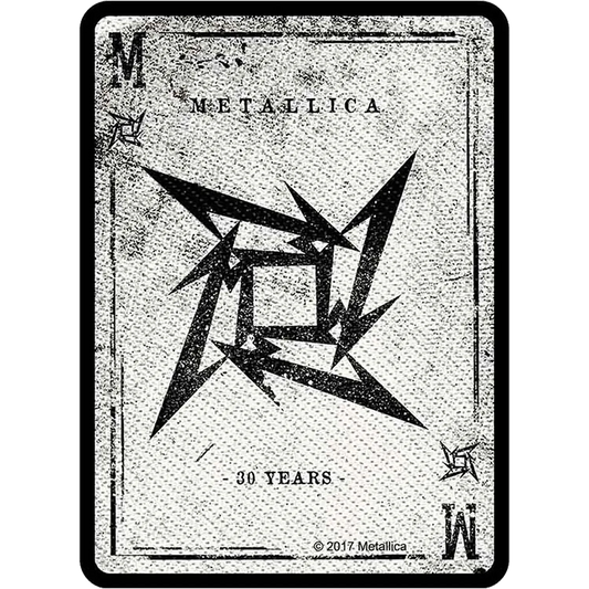 Patch brodé officiel Metallica 30th Anniversary Playing Card noir et blanc au format carte à jouer | Official Metallica 30th Anniversary Playing Card black and white embroidered patch