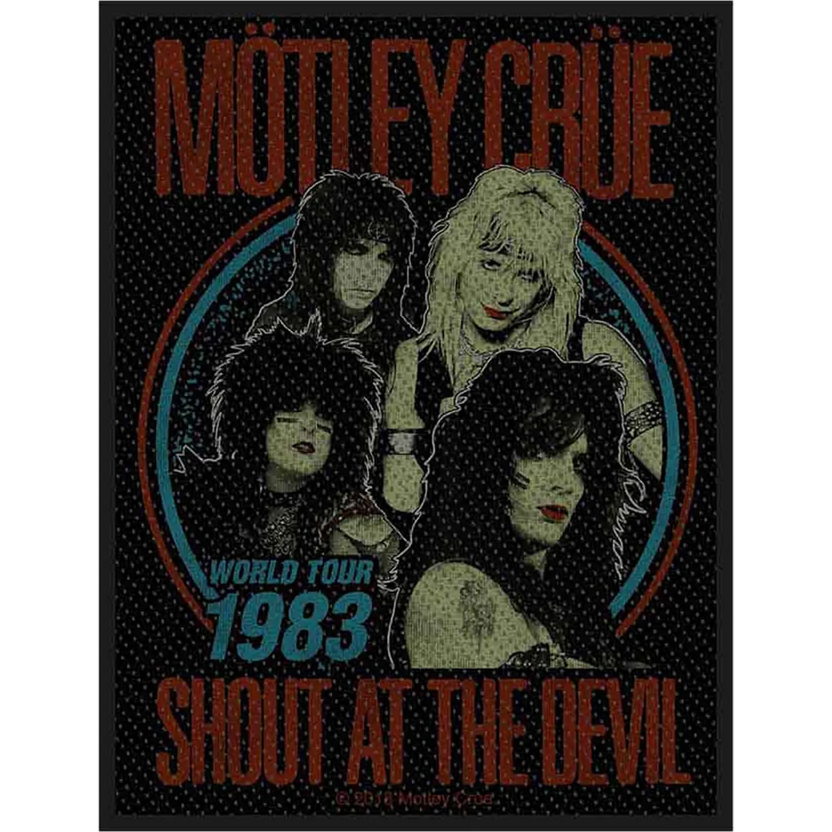 Patch à coudre officiel Mötley Crüe World Tour 1983 « Shout at the Devil » 7,5 × 10 cm avec portrait des membres du groupe | Official Mötley Crüe World Tour 1983 "Shout at the Devil" 7.5 × 10 cm sew-on patch featuring portraits of the band members