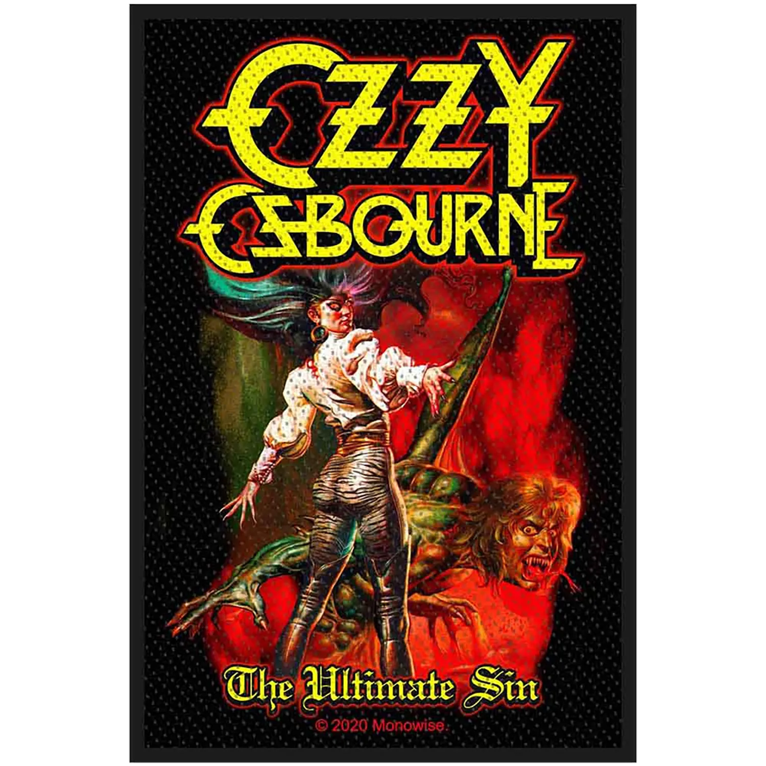 Patch à coudre officiel Ozzy Osbourne The Ultimate Sin 7 × 10 cm inspiré de la pochette de l'album de 1986 | Official Ozzy Osbourne The Ultimate Sin 7 × 10 cm sew-on patch inspired by the 1986 album artwork