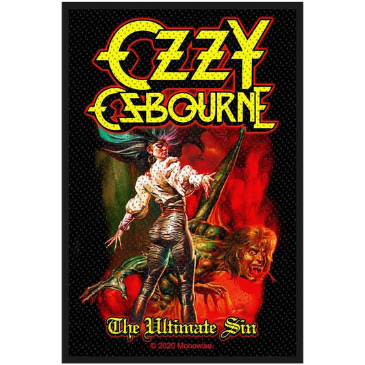 Patch à coudre officiel Ozzy Osbourne The Ultimate Sin 7 × 10 cm inspiré de la pochette de l'album de 1986 | Official Ozzy Osbourne The Ultimate Sin 7 × 10 cm sew-on patch inspired by the 1986 album artwork