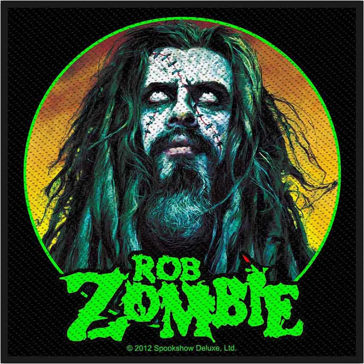 Patch à coudre officiel Rob Zombie 10 × 10 cm avec portrait du chanteur, maquillage cadavérique et logo vert | Official Rob Zombie 10 × 10 cm sew-on patch featuring the artist's portrait, corpse-style makeup and green logo