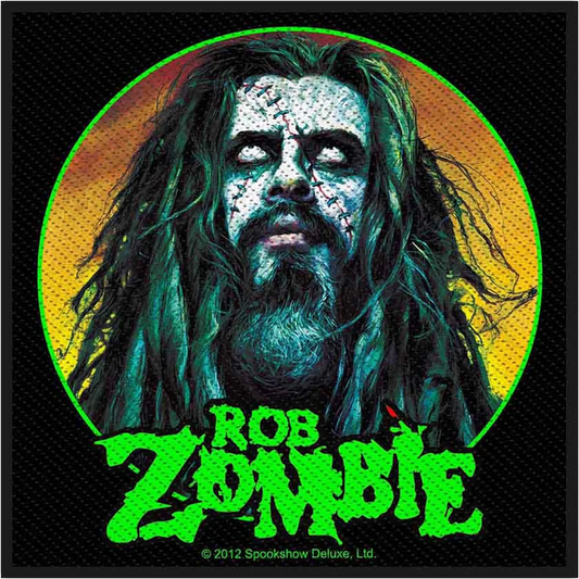 Patch à coudre officiel Rob Zombie 10 × 10 cm avec portrait du chanteur, maquillage cadavérique et logo vert | Official Rob Zombie 10 × 10 cm sew-on patch featuring the artist's portrait, corpse-style makeup and green logo