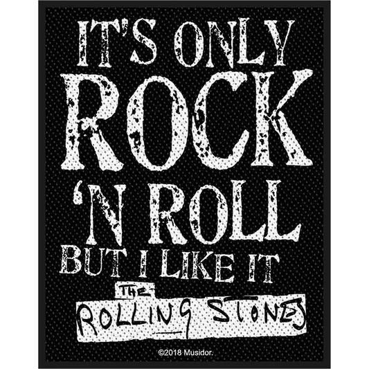 Patch officiel The Rolling Stones It's Only Rock 'N Roll avec citation emblématique en noir et blanc, 8 × 10 cm | Official The Rolling Stones It's Only Rock 'N Roll patch featuring the iconic black and white slogan, 8 × 10 cm