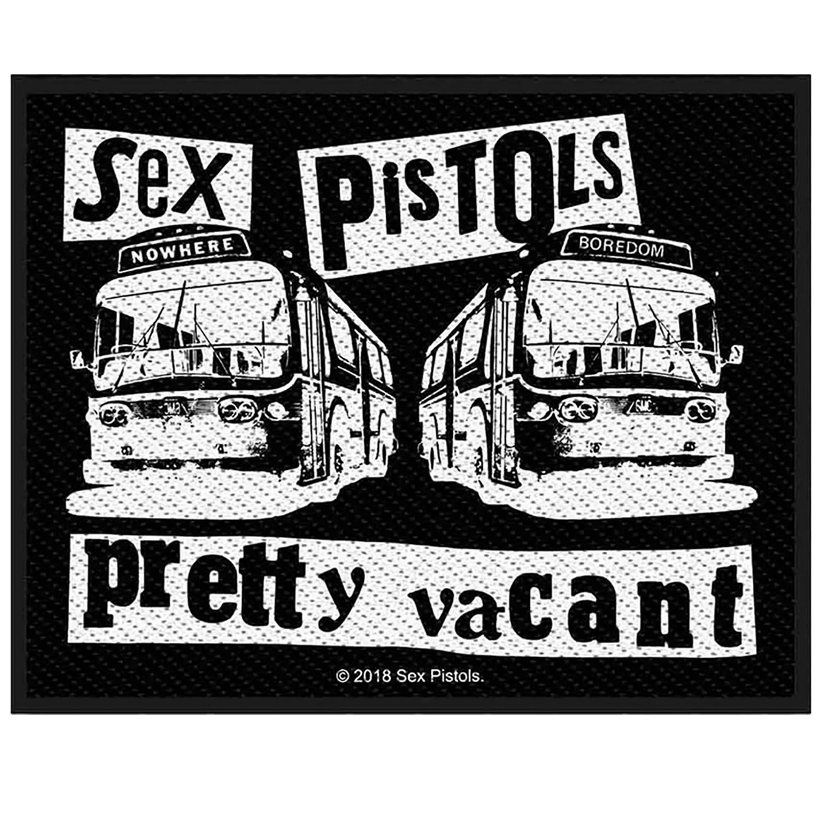 Patch à coudre officiel Sex Pistols Pretty Vacant avec deux autobus londoniens noir et blanc 10 × 8,5 cm | Official Sex Pistols Pretty Vacant sew-on patch featuring two black and white London buses 10 × 8.5 cm