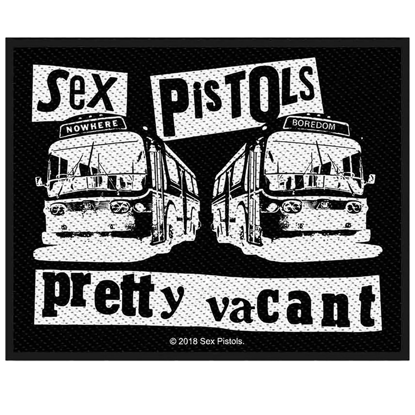 Patch à coudre officiel Sex Pistols Pretty Vacant avec deux autobus londoniens noir et blanc 10 × 8,5 cm | Official Sex Pistols Pretty Vacant sew-on patch featuring two black and white London buses 10 × 8.5 cm