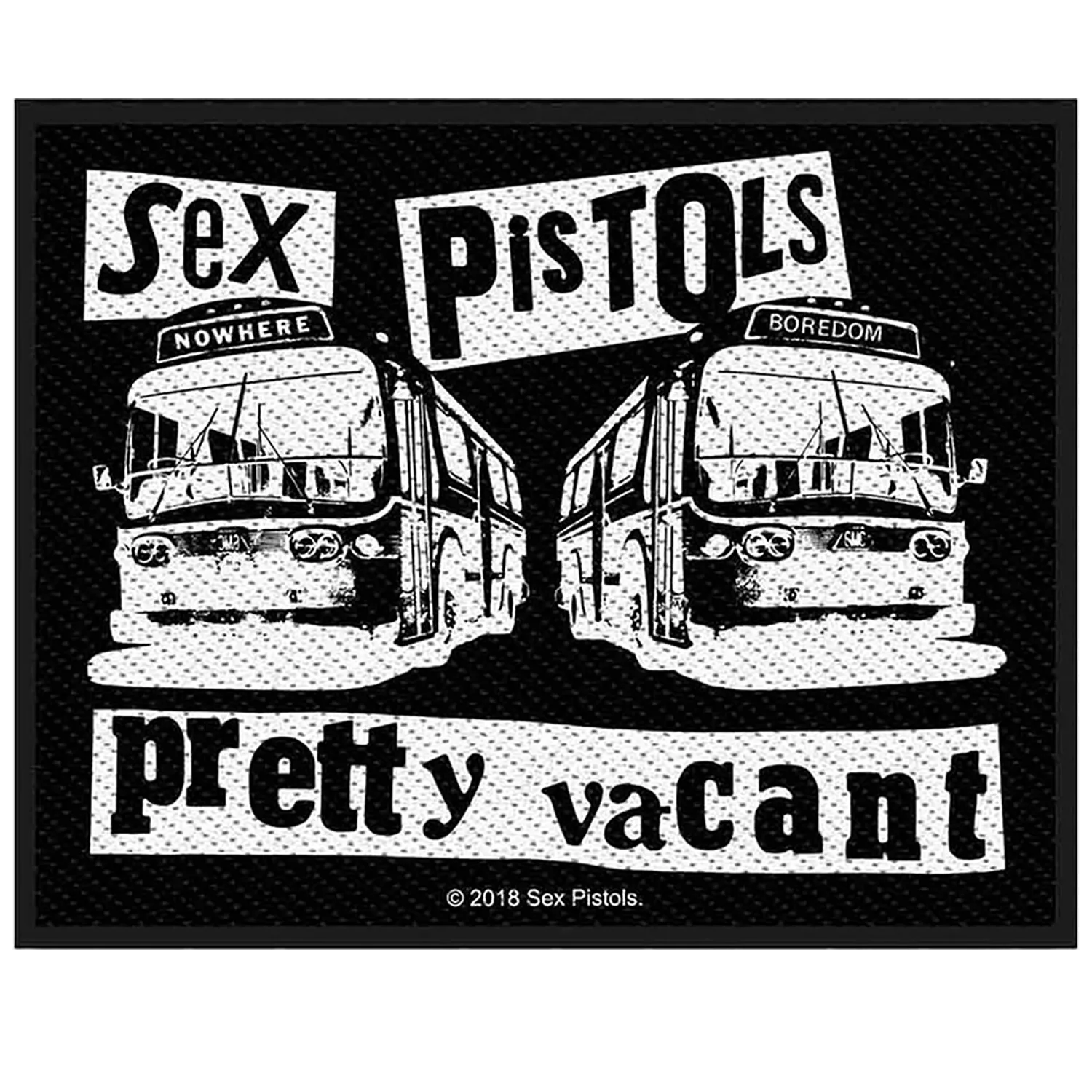 Patch à coudre officiel Sex Pistols Pretty Vacant avec deux autobus londoniens noir et blanc 10 × 8,5 cm | Official Sex Pistols Pretty Vacant sew-on patch featuring two black and white London buses 10 × 8.5 cm