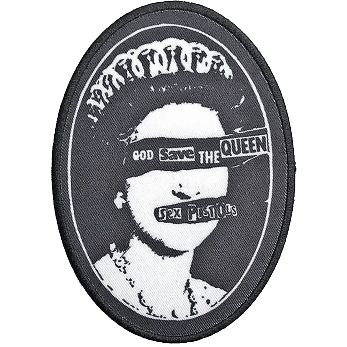 Patch thermocollant officiel Sex Pistols God Save the Queen noir et blanc ovale 8 × 11 cm | Official Sex Pistols God Save the Queen black and white oval iron-on patch 8 × 11 cm