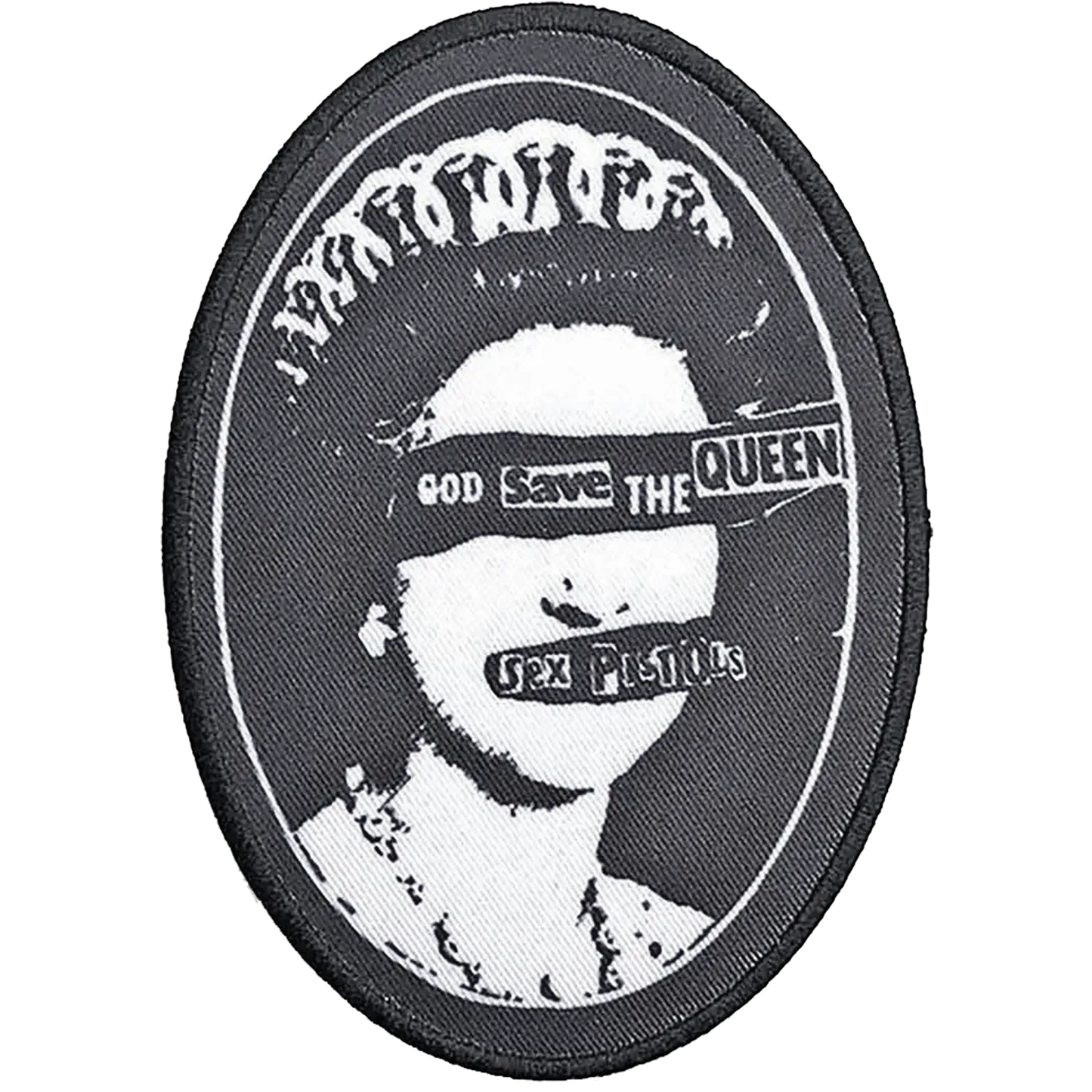 Patch thermocollant officiel Sex Pistols God Save the Queen noir et blanc ovale 8 × 11 cm | Official Sex Pistols God Save the Queen black and white oval iron-on patch 8 × 11 cm
