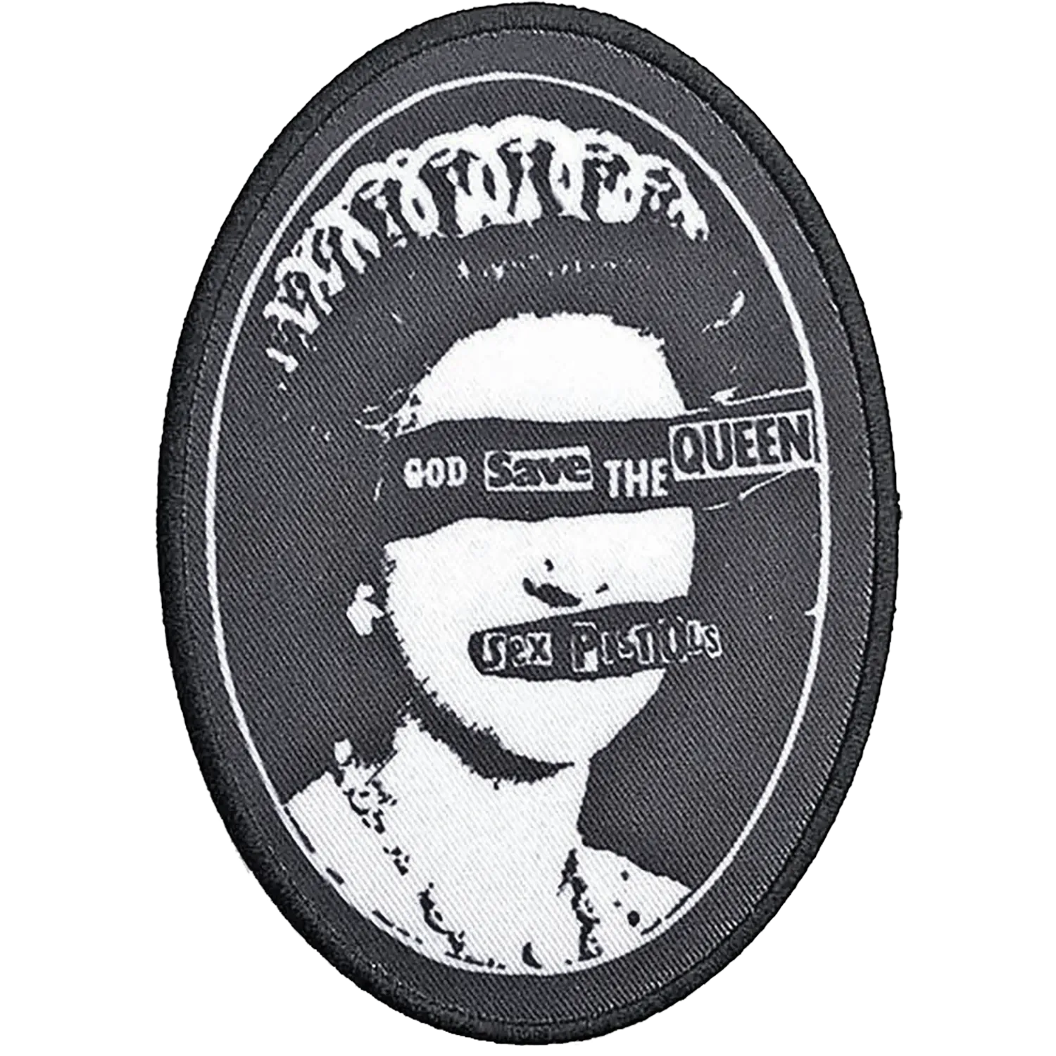 Patch thermocollant officiel Sex Pistols God Save the Queen noir et blanc ovale 8 × 11 cm | Official Sex Pistols God Save the Queen black and white oval iron-on patch 8 × 11 cm