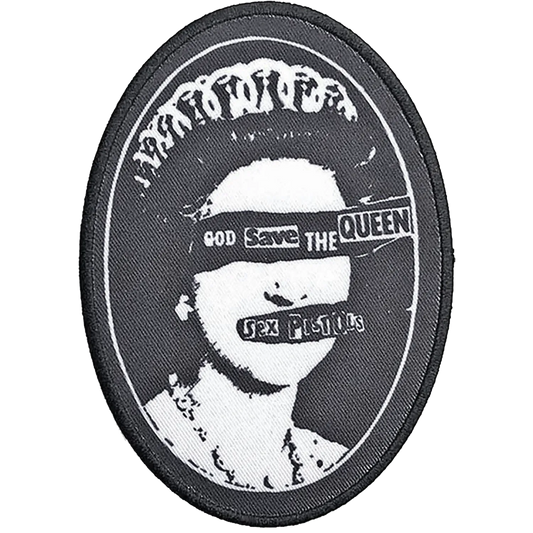 Patch thermocollant officiel Sex Pistols God Save the Queen noir et blanc ovale 8 × 11 cm | Official Sex Pistols God Save the Queen black and white oval iron-on patch 8 × 11 cm