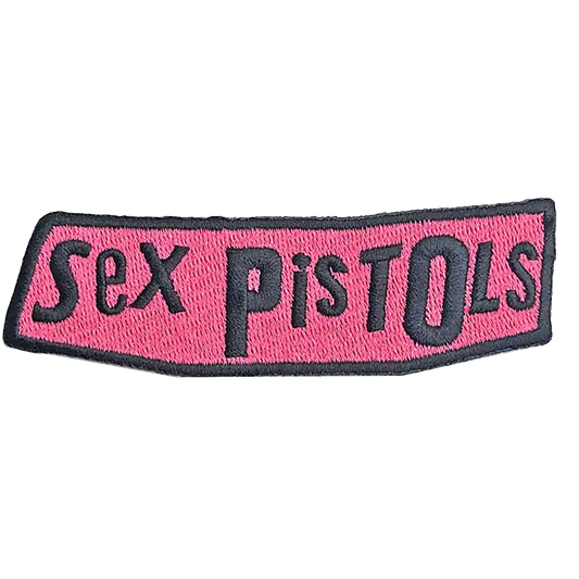 Patch thermocollant officiel Sex Pistols logo noir sur fond rose 9 × 3 cm | Official Sex Pistols black logo on pink background iron-on patch 9 × 3 cm