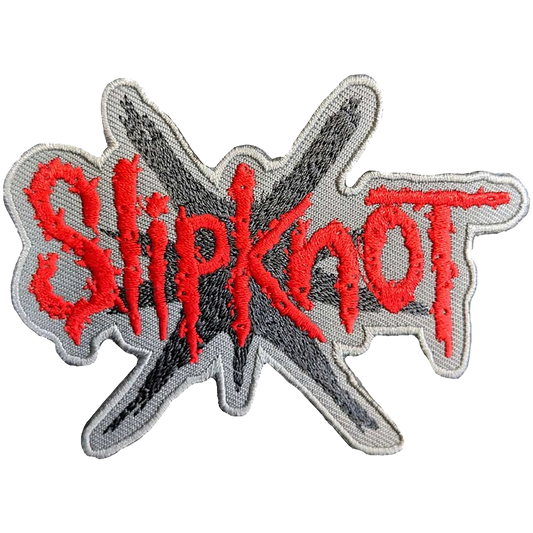 Patch thermocollant officiel Slipknot logo rouge Nonagram noir sur fond gris cut-out 10 × 7 cm | Official Slipknot red logo black Nonagram grey cut-out iron-on patch 10 × 7 cm