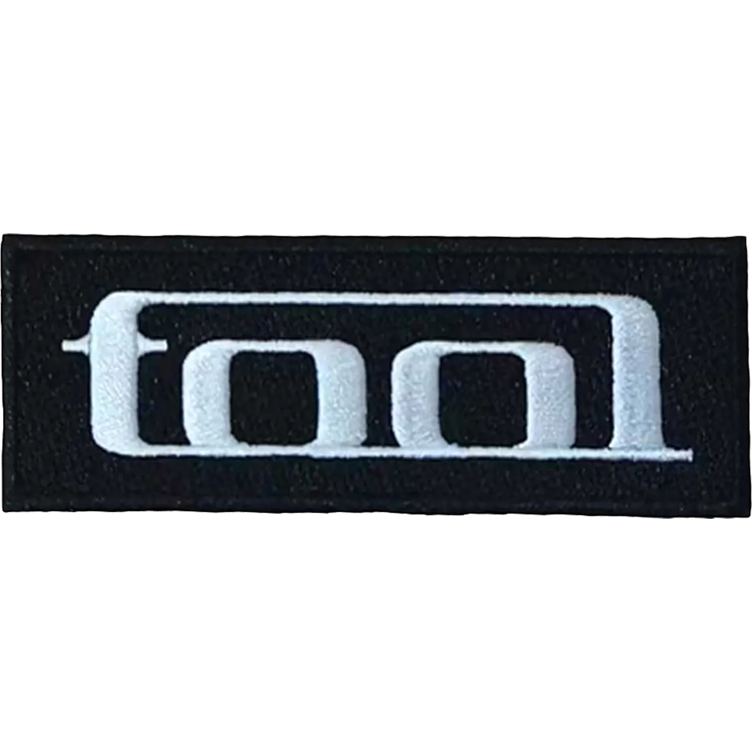 Patch thermocollant officiel Tool logo blanc géométrique sur fond noir 10 × 3,5 cm | Official Tool geometric white logo on black iron-on patch 10 × 3.5 cm