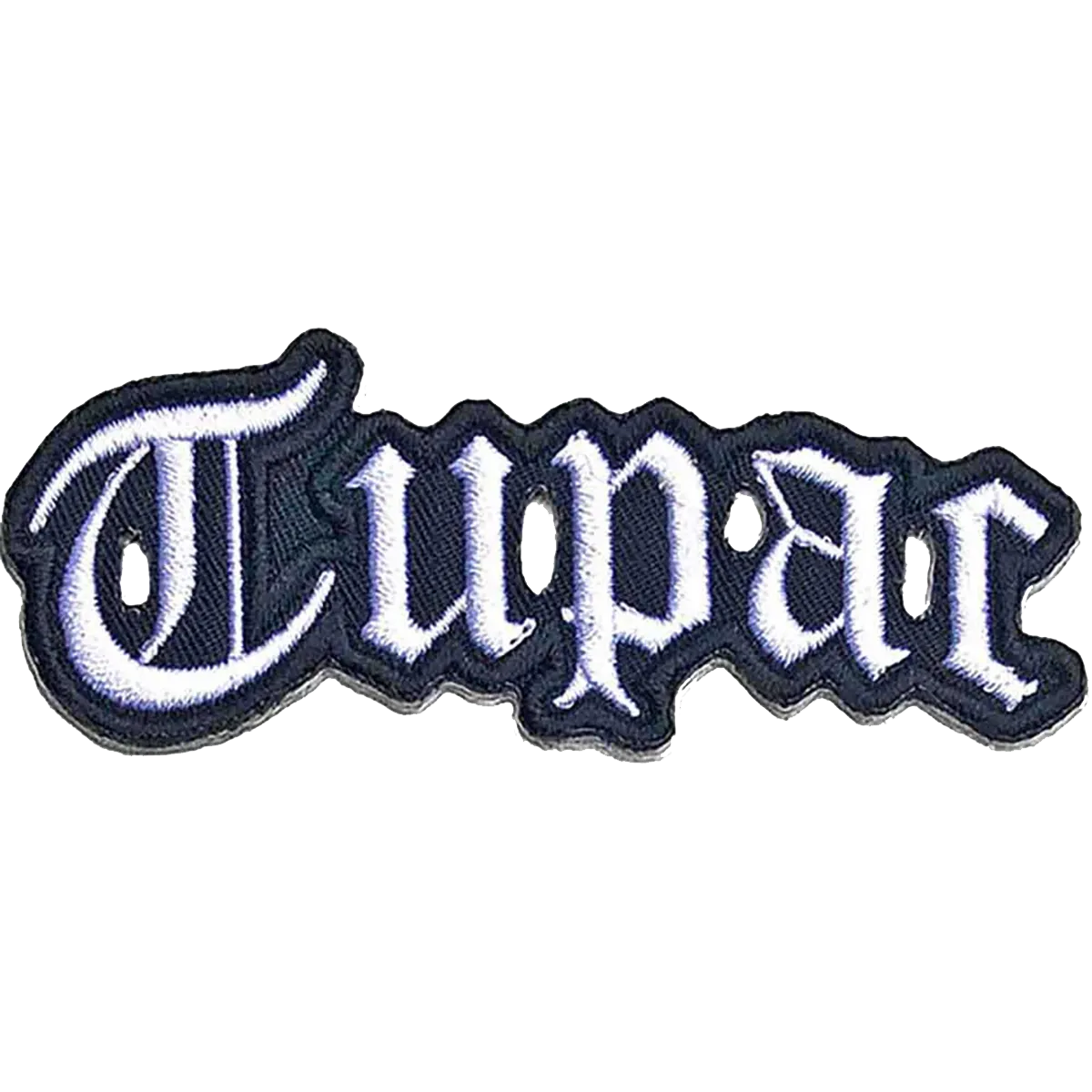 Patch officiel Tupac logo blanc sur fond noir cut-out 8 × 2,5 cm | Official Tupac white logo on black cut-out patch 8 × 2.5 cm