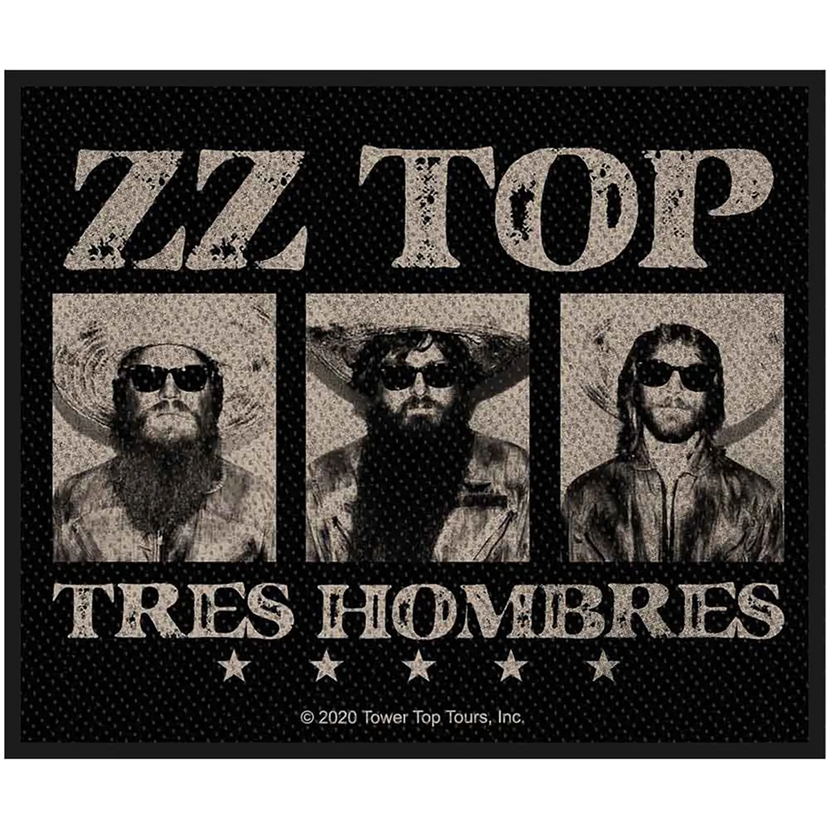 Patch ZZ Top Tres Hombres brodé à coudre 10 × 8 cm avec portraits de Billy Gibbons, Dusty Hill et Frank Beard | ZZ Top Tres Hombres 10 × 8 cm embroidered sew-on patch with Billy Gibbons, Dusty Hill and Frank Beard portraits