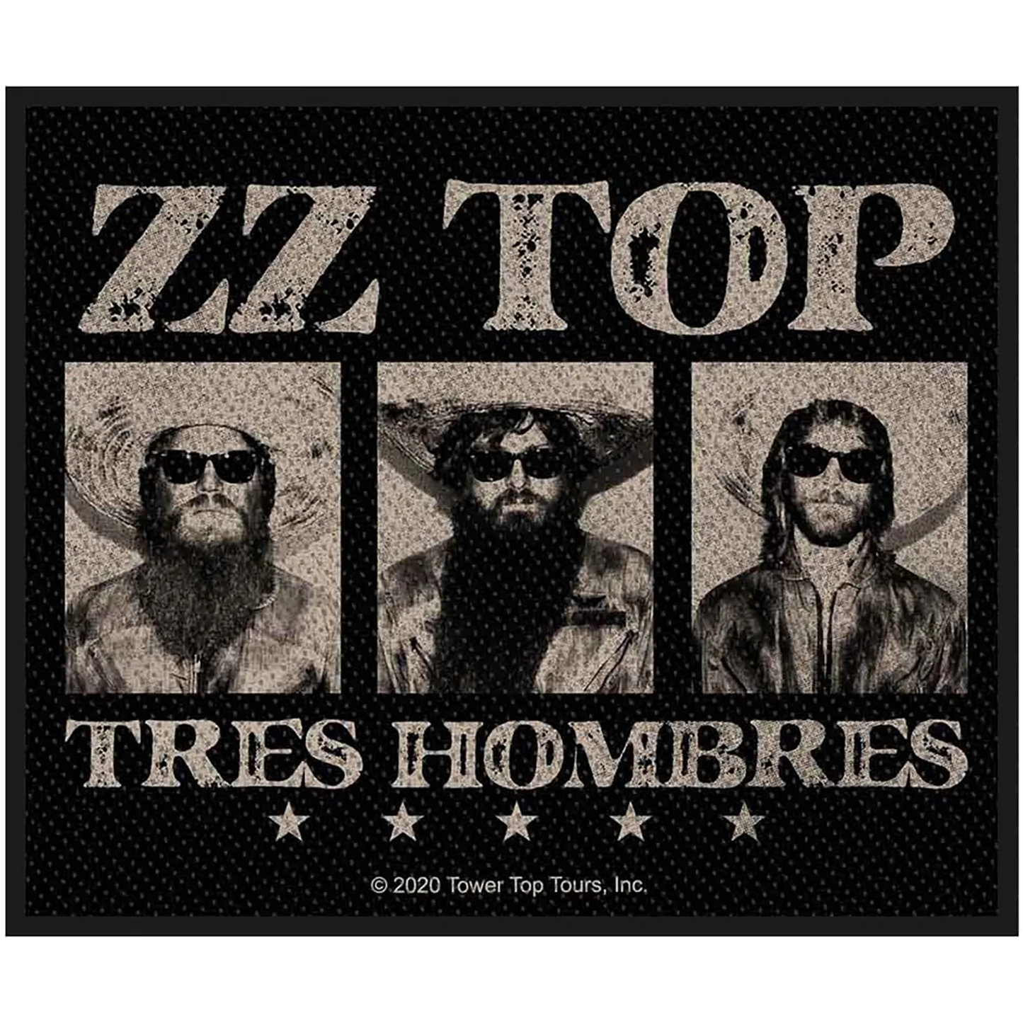 Patch ZZ Top Tres Hombres brodé à coudre 10 × 8 cm avec portraits de Billy Gibbons, Dusty Hill et Frank Beard | ZZ Top Tres Hombres 10 × 8 cm embroidered sew-on patch with Billy Gibbons, Dusty Hill and Frank Beard portraits