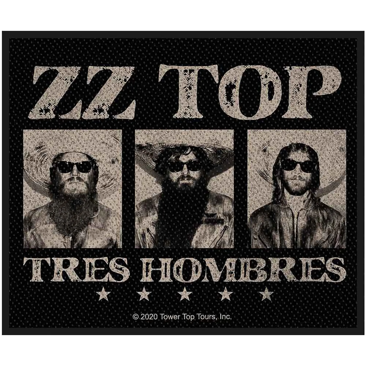 Patch ZZ Top Tres Hombres brodé à coudre 10 × 8 cm avec portraits de Billy Gibbons, Dusty Hill et Frank Beard | ZZ Top Tres Hombres 10 × 8 cm embroidered sew-on patch with Billy Gibbons, Dusty Hill and Frank Beard portraits