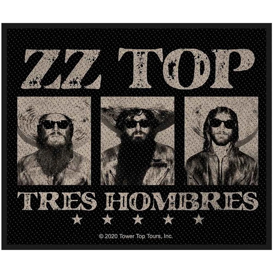 Patch ZZ Top Tres Hombres brodé à coudre 10 × 8 cm avec portraits de Billy Gibbons, Dusty Hill et Frank Beard | ZZ Top Tres Hombres 10 × 8 cm embroidered sew-on patch with Billy Gibbons, Dusty Hill and Frank Beard portraits