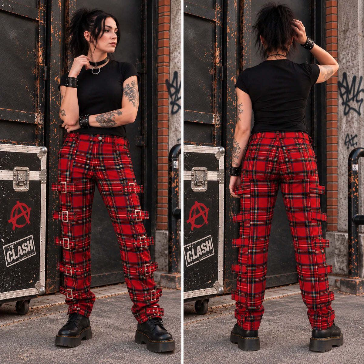Pantalon punk tartan rouge à sangles et boucles métalliques – vues face et dos
| Red tartan punk trousers with straps and metal buckles – front and back views