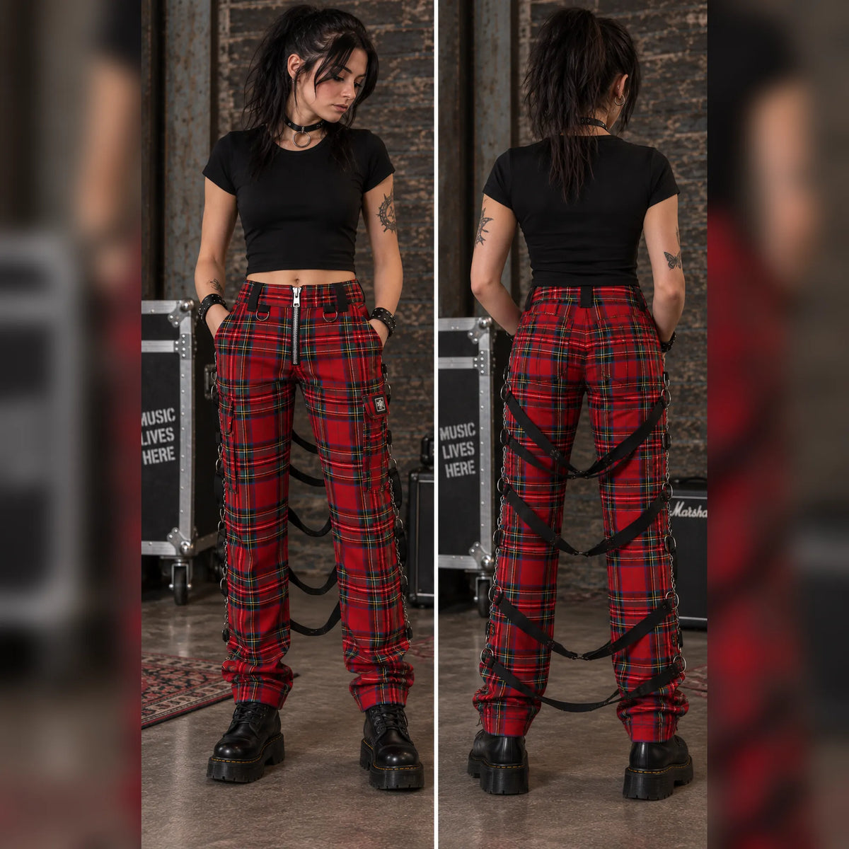 Pantalon punk tartan rouge à six lanières noires arrière – vues porté face et dos
| Red tartan punk trousers with six black rear straps – worn front and back views