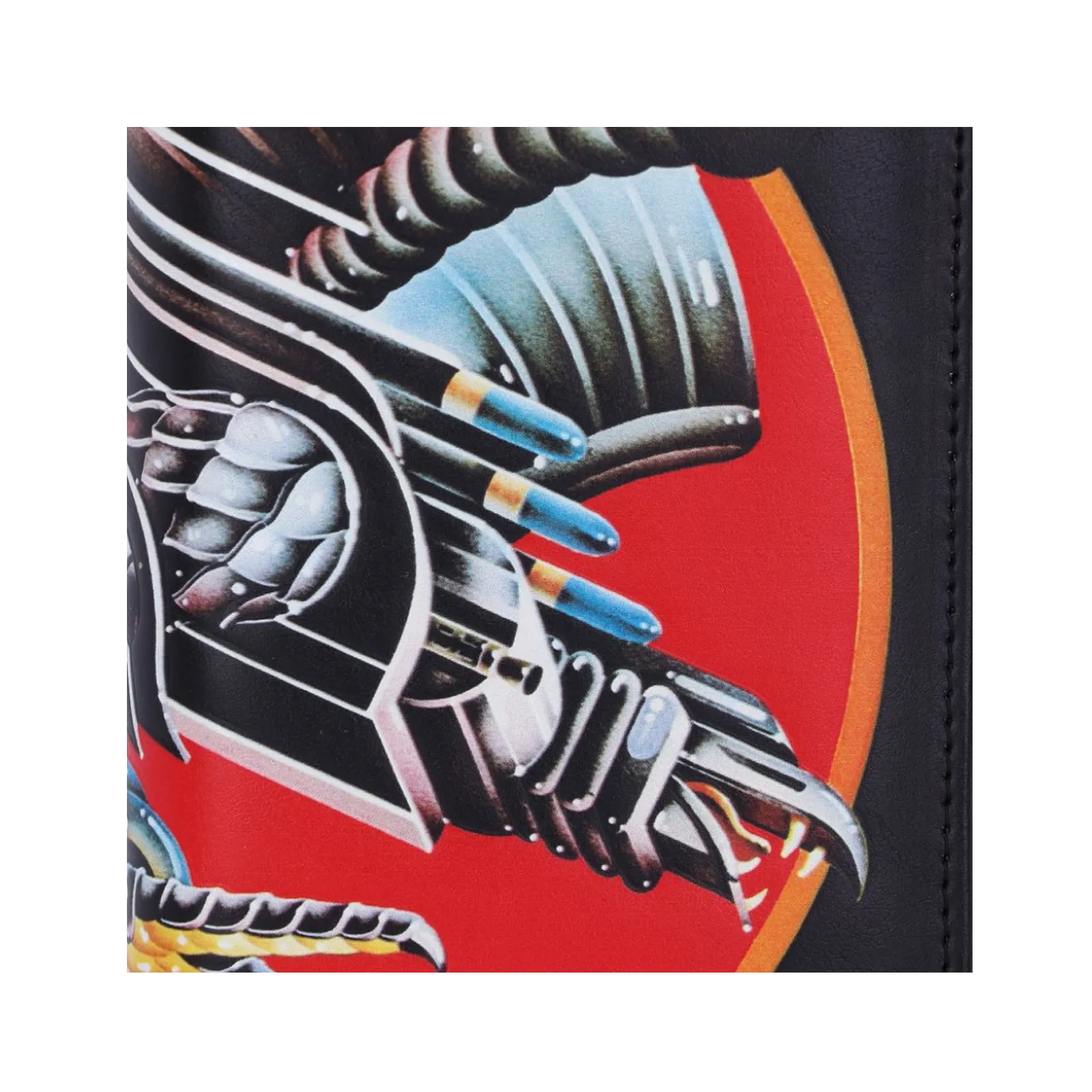 Gros plan du visuel aigle mécanique sur le porte-monnaie Judas Priest Screaming for Vengeance