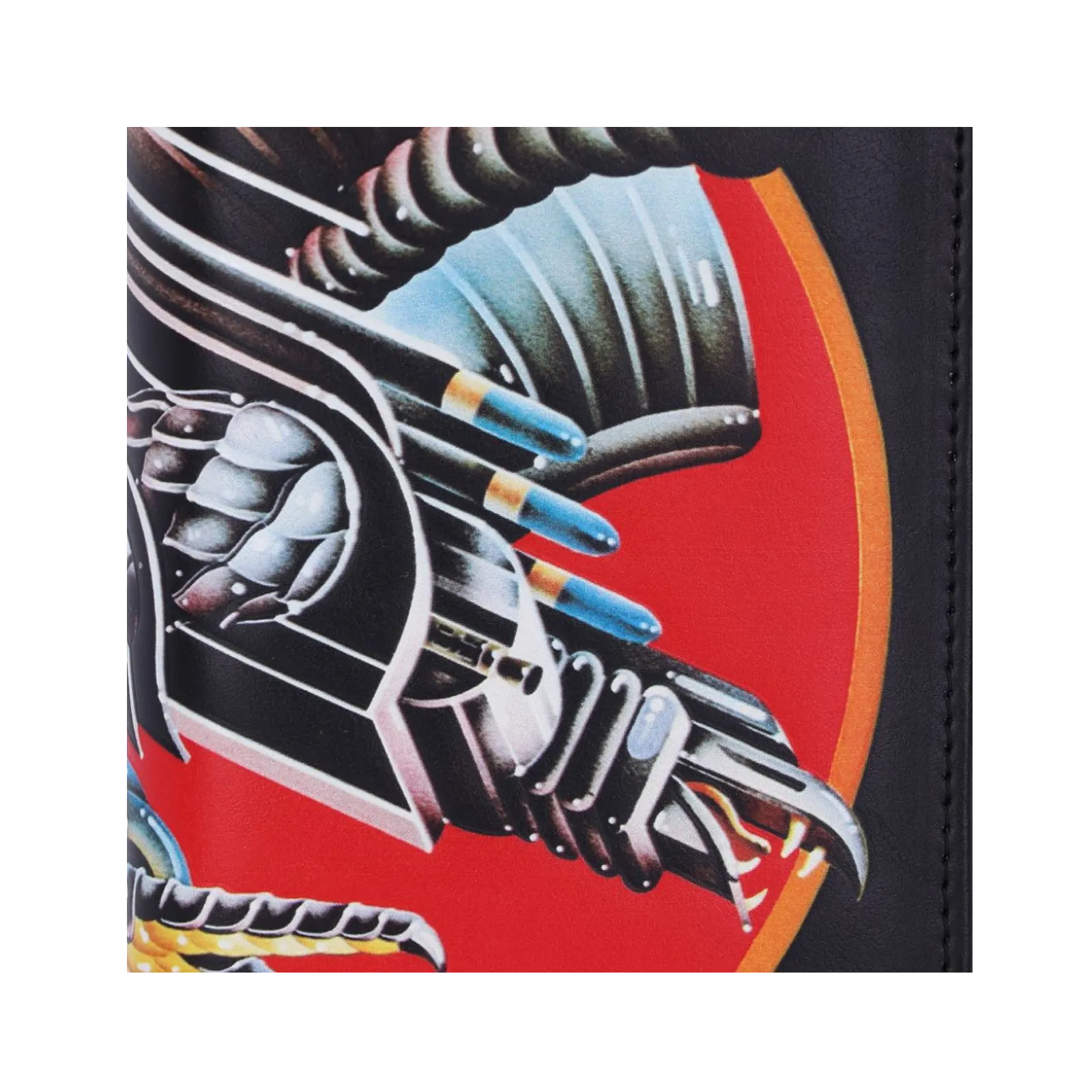 Gros plan du visuel aigle mécanique sur le porte-monnaie Judas Priest Screaming for Vengeance