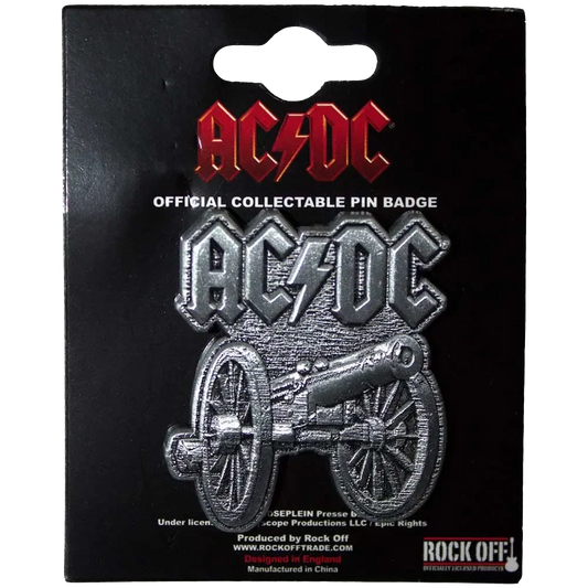 Pin officiel AC/DC - For Those about to Rock présenté sur carte Rock Off - badge argenté sous licence 2024
