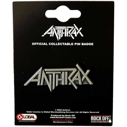 Pin's officiel Anthrax présenté sur carte Rock Off - badge argenté sous licence 2024