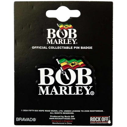 Pin officiel Bob Marley présenté sur carte Rock Off - badge blanc et vert jaune rouge sous licence 2024