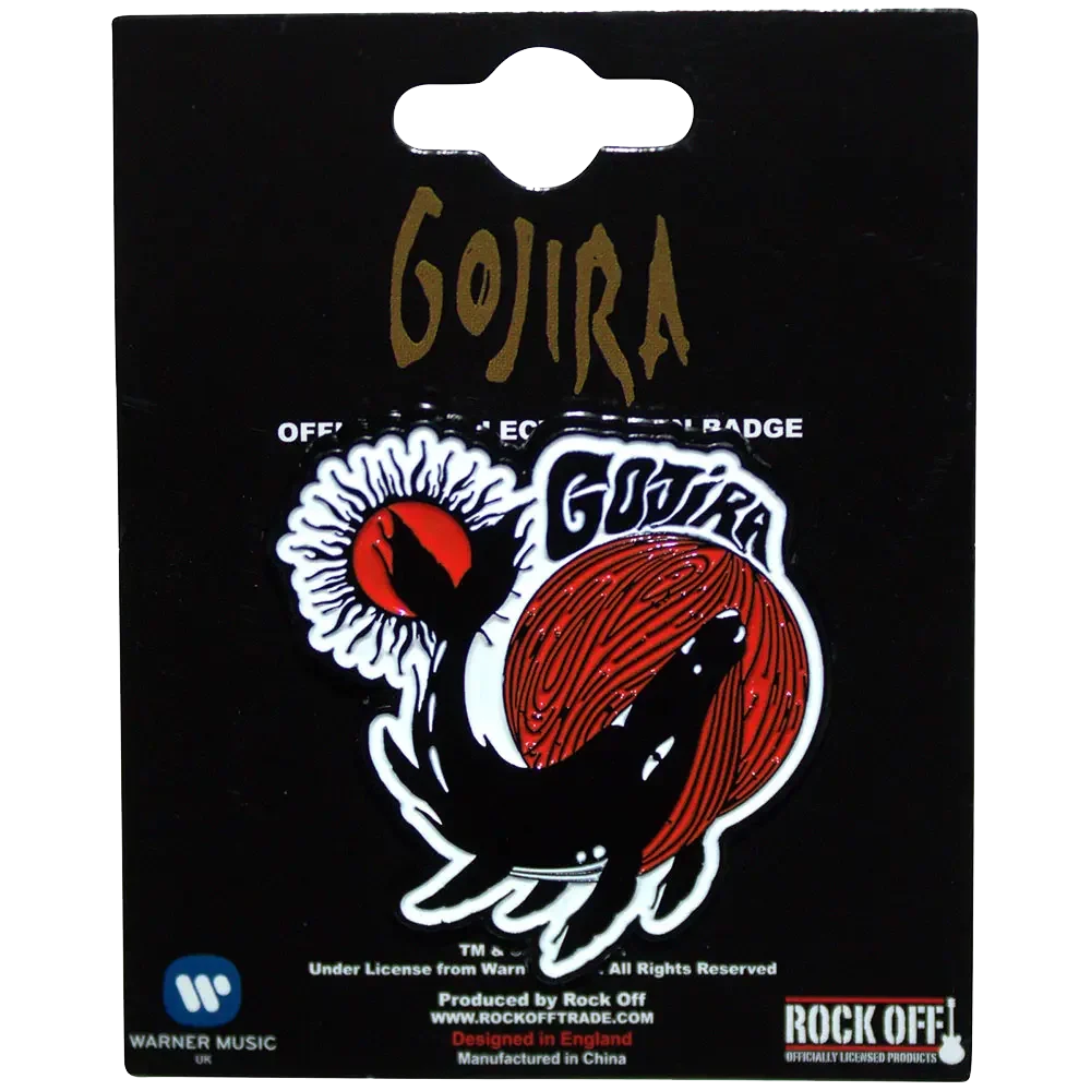 Pin's Gojira - From Mars to Sirius présenté sur carte Rock Off - badge rouge et blanc sous licence 2024