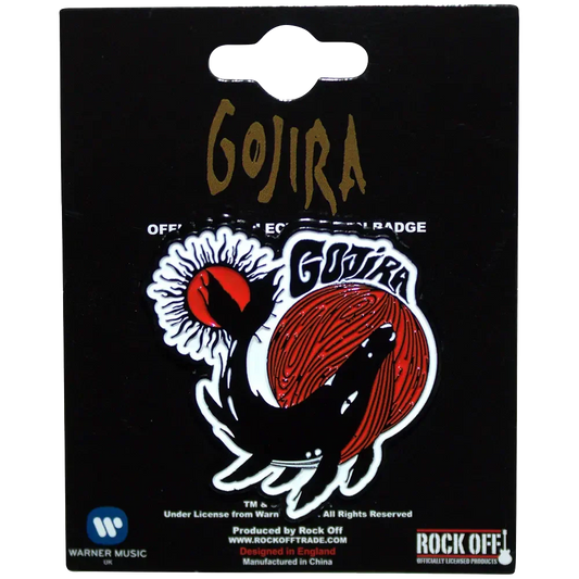 Pin's Gojira - From Mars to Sirius présenté sur carte Rock Off - badge rouge et blanc sous licence 2024