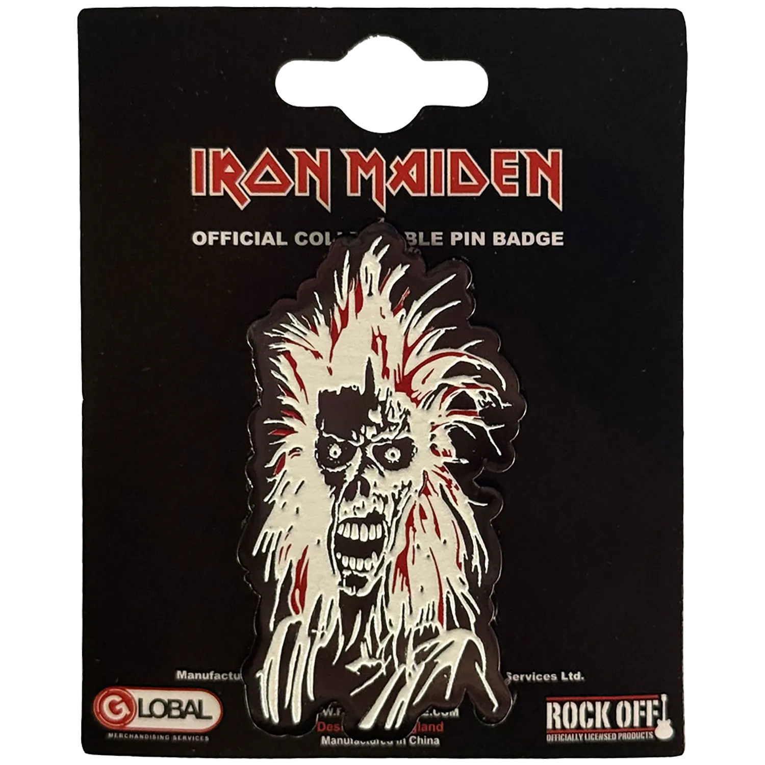 Pin's officiel Iron Maiden présenté sur carte Rock Off - Eddie du 1er album Iron Maiden | Official Iron Maiden pin shown on Rock Off card - Eddie from 1st album Iron Maiden