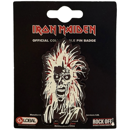 Pin's officiel Iron Maiden présenté sur carte Rock Off - Eddie du 1er album Iron Maiden | Official Iron Maiden pin shown on Rock Off card - Eddie from 1st album Iron Maiden
