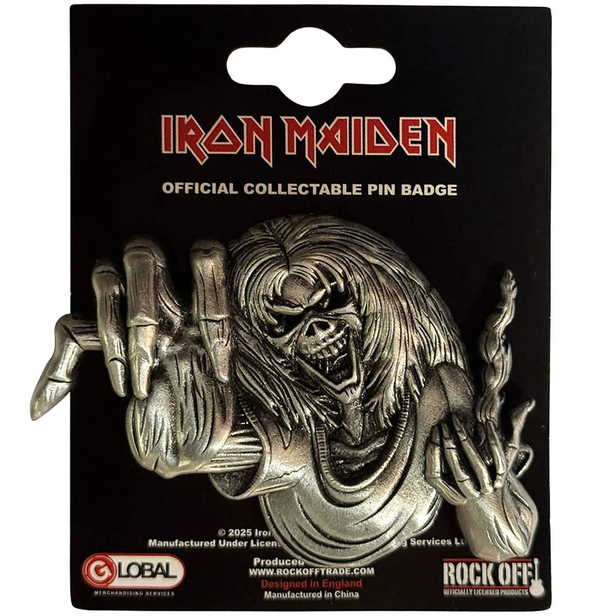 Pin's officiel Iron Maiden présenté sur carte Rock Off - Eddie Number of the Beast - licence 2025 | Official Iron Maiden pin shown on Rock Off card - Eddie Number of the Beast - license 2025