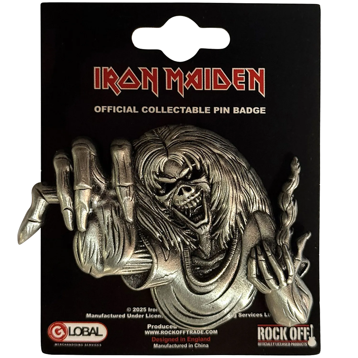 Pin's officiel Iron Maiden présenté sur carte Rock Off - Eddie Number of the Beast - licence 2025 | Official Iron Maiden pin shown on Rock Off card - Eddie Number of the Beast - license 2025
