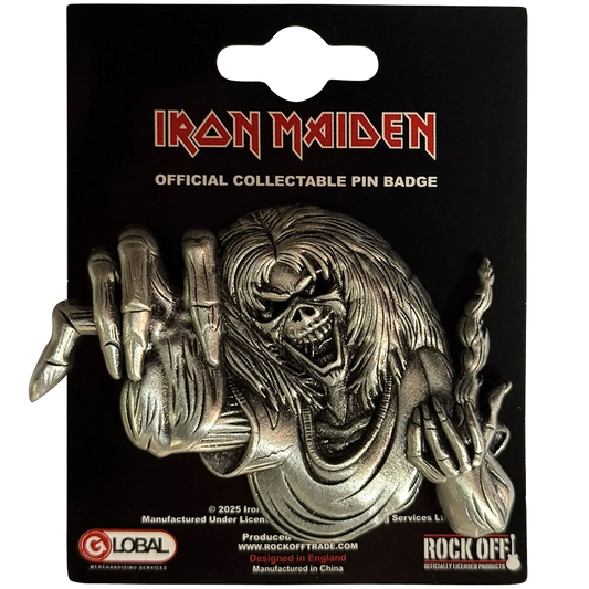 Pin's officiel Iron Maiden présenté sur carte Rock Off - Eddie Number of the Beast - licence 2025 | Official Iron Maiden pin shown on Rock Off card - Eddie Number of the Beast - license 2025