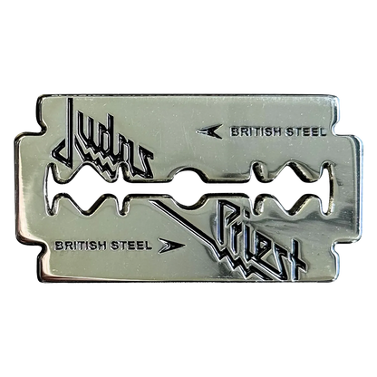 Pin's officiel Judas Priest British Steel en forme de lame de rasoir argentée | Official Judas Priest British Steel razor blade silver pin badge