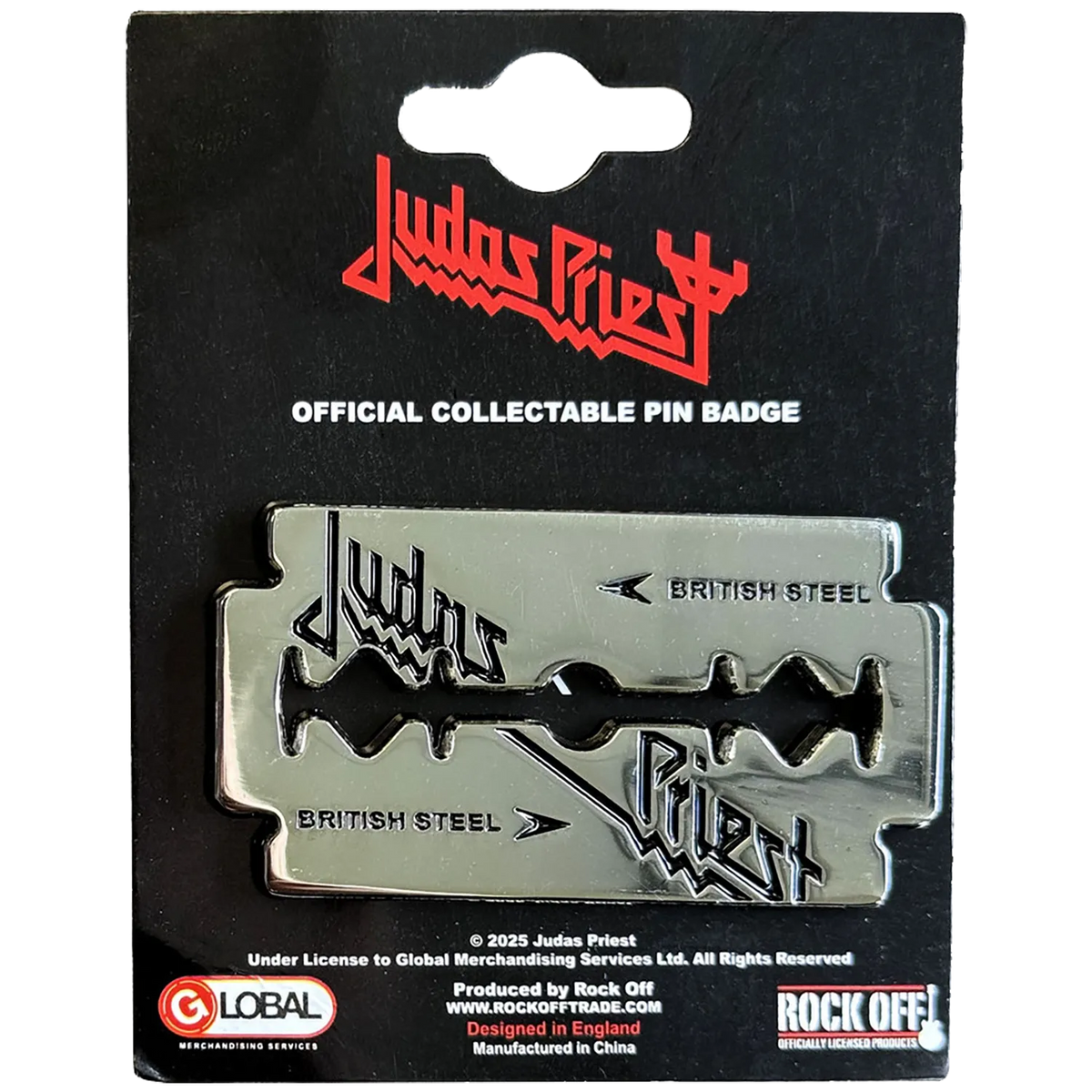 Pin's officiel Judas Priest British Steel présenté sur carte Rock Off - badge argenté et noir sous licence 2025 | Official Judas Priest British Steel pin shown on Rock Off card - silver and black badge, licensed 202