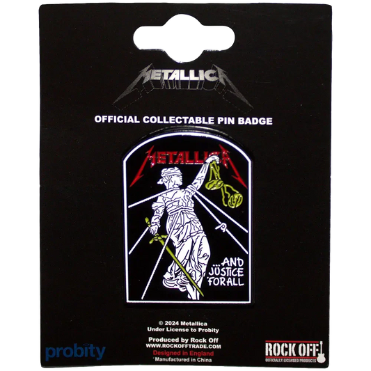 Pin's Metallica - ...And Justice for All présenté sur carte Rock Off - badge rouge et noir sous licence 2024